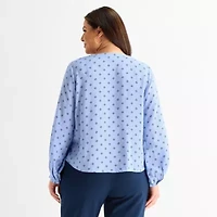 Liz Claiborne Womens Plus V Neck Long Sleeve Blouse