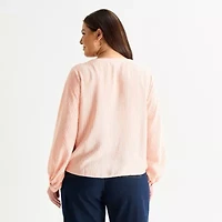 Liz Claiborne Womens Plus V Neck Long Sleeve Blouse