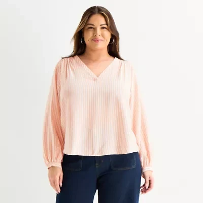 Liz Claiborne Womens Plus V Neck Long Sleeve Blouse