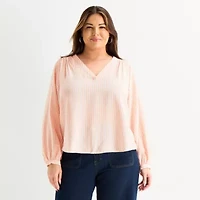 Liz Claiborne Womens Plus V Neck Long Sleeve Blouse