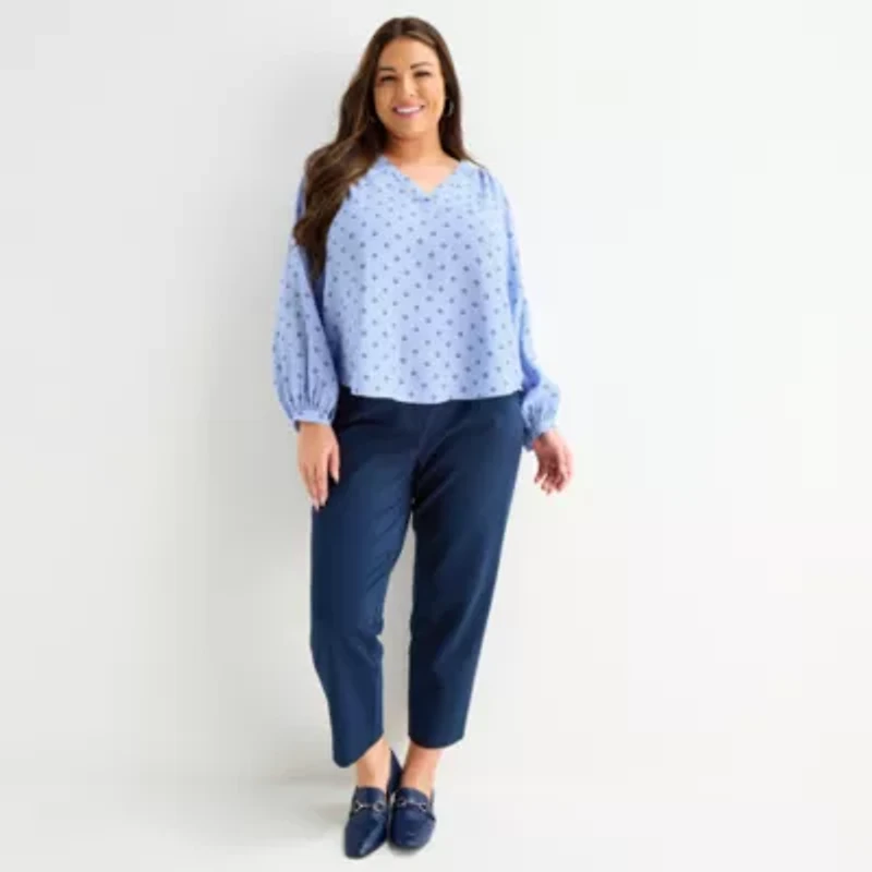 Liz Claiborne Womens Plus V Neck Long Sleeve Blouse