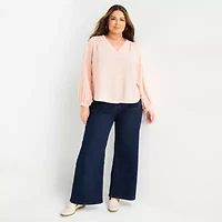 Liz Claiborne Womens Plus V Neck Long Sleeve Blouse