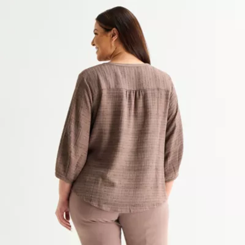 Liz Claiborne Plus Womens Split Crew Neck 3/4 Sleeve Tunic Top