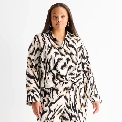 Bold Elements Womens Plus Y Neck Long Sleeve Blouse