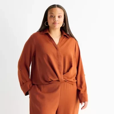 Bold Elements Womens Plus Y Neck Long Sleeve Blouse