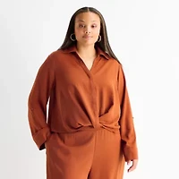 Bold Elements Womens Plus Y Neck Long Sleeve Blouse