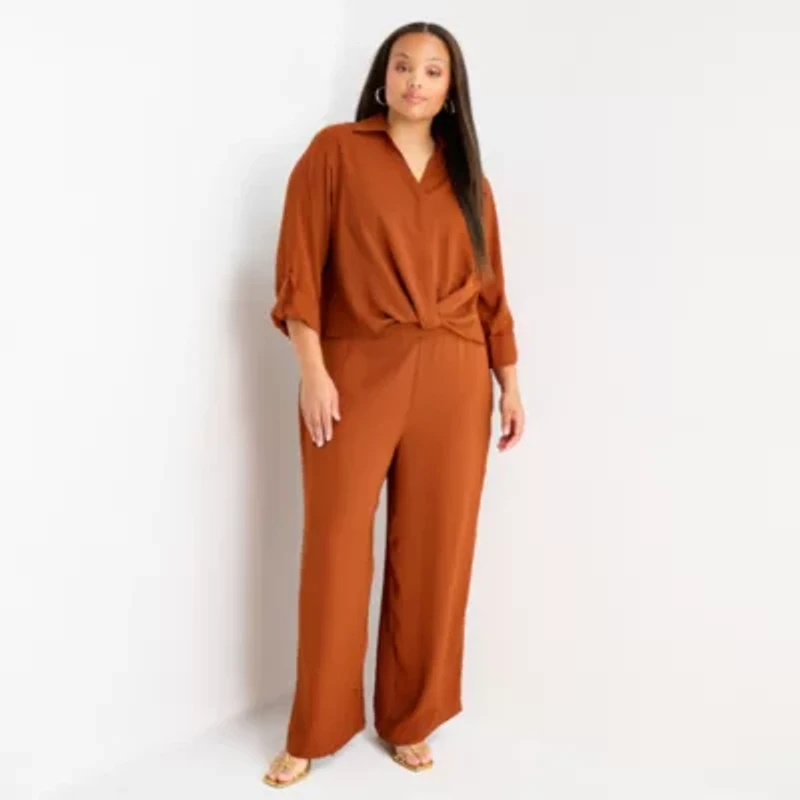 Bold Elements Womens Plus Y Neck Long Sleeve Blouse