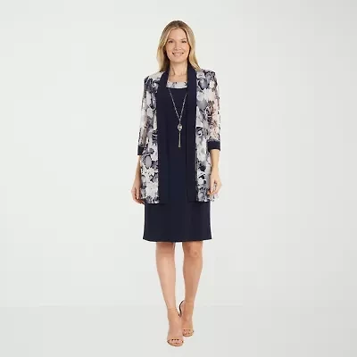 R & M Richards Womens Floral Jacket Dress With Removable Necklace