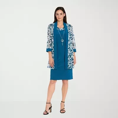 R & M Richards Womens Floral Jacket Dress With Removable Necklace