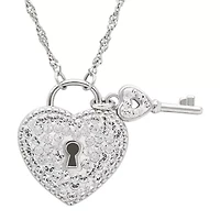 Crystal-Accent Sterling Silver Heart Lock and Key Necklace