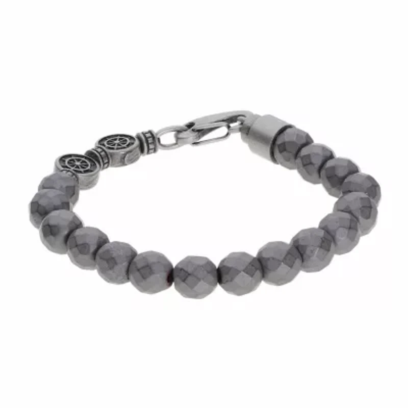 Mens Gray Hematite Stainless Steel Beaded Bracelet