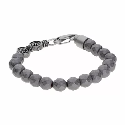 Mens Gray Hematite Stainless Steel Beaded Bracelet