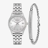 Caravelle Designed By Bulova Womens Crystal Accent Silver Tone Stainless Steel 2-pc. Watch Boxed Set 43x104