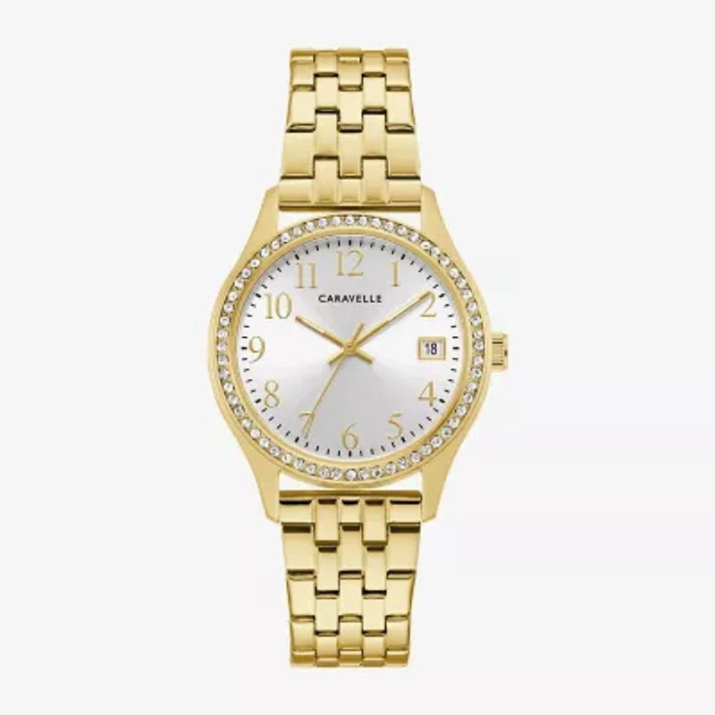Caravelle Designed By Bulova Womens Crystal Accent Gold Tone Stainless Steel 2-pc. Watch Boxed Set 44x101
