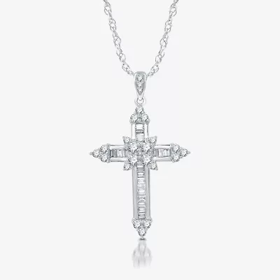 (H-I / I1) Womens 1 CT. T.W. Lab Grown White Diamond 10K White Gold Cross 18 Inch Pendant Necklace