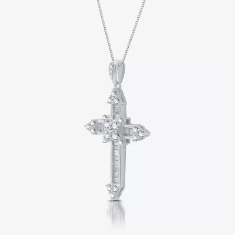 (H-I / I1) Womens 1 CT. T.W. Lab Grown White Diamond 10K White Gold Cross 18 Inch Pendant Necklace