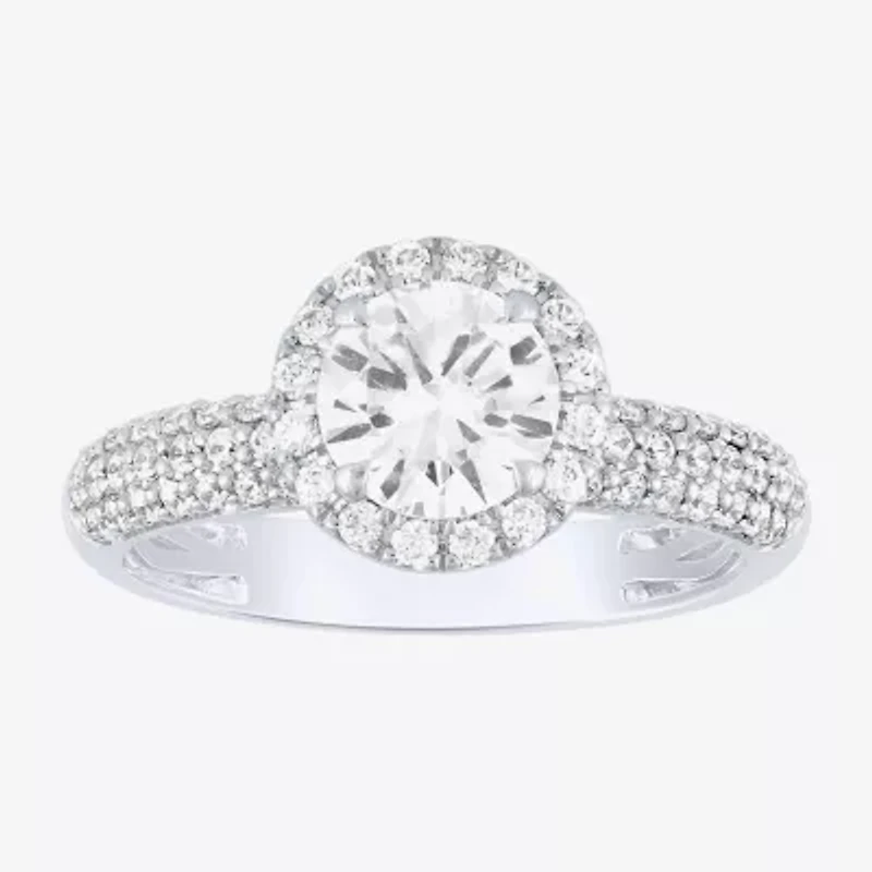 (H-I / I1) Womens 2 CT. T.W. Lab Grown White Diamond 14K White Gold Round Side Stone Halo Bridal Set