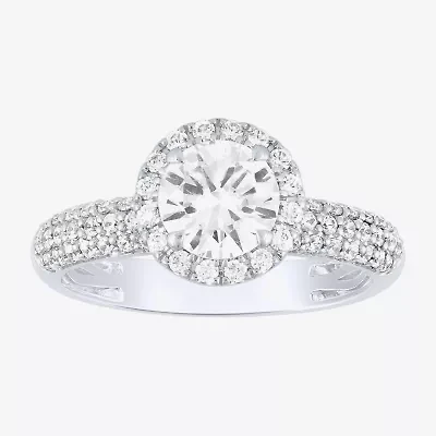 (H-I / I1) Womens 2 CT. T.W. Lab Grown White Diamond 14K White Gold Round Side Stone Halo Bridal Set