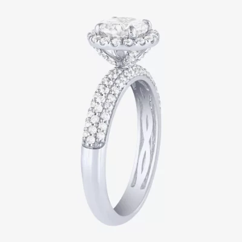 (H-I / I1) Womens 2 CT. T.W. Lab Grown White Diamond 14K White Gold Round Side Stone Halo Bridal Set