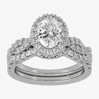 H-I / Si1-Si2) Womens / CT. T.W. Lab Grown White Diamond 10K Gold Oval Side Stone Halo Bridal Set
