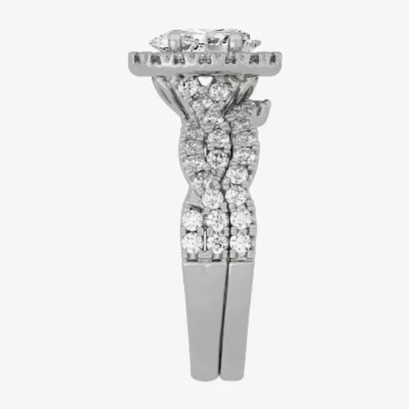 H-I / Si1-Si2) Womens / CT. T.W. Lab Grown White Diamond 10K Gold Oval Side Stone Halo Bridal Set