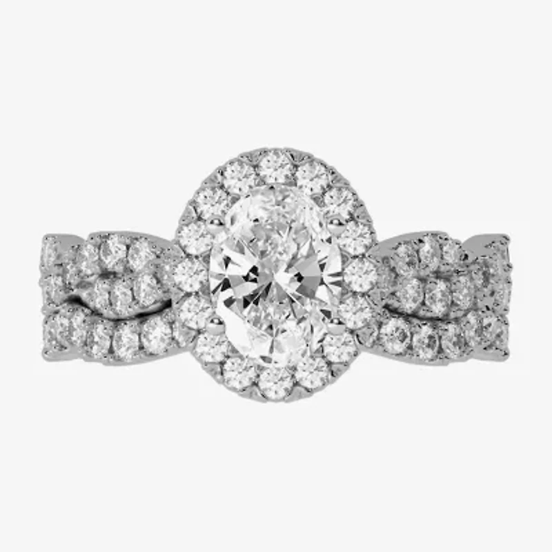 H-I / Si1-Si2) Womens / CT. T.W. Lab Grown White Diamond 10K Gold Oval Side Stone Halo Bridal Set