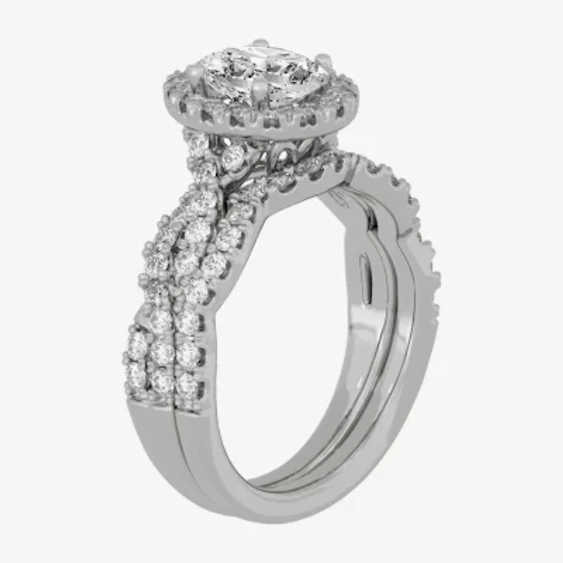 H-I / Si1-Si2) Womens / CT. T.W. Lab Grown White Diamond 10K Gold Oval Side Stone Halo Bridal Set