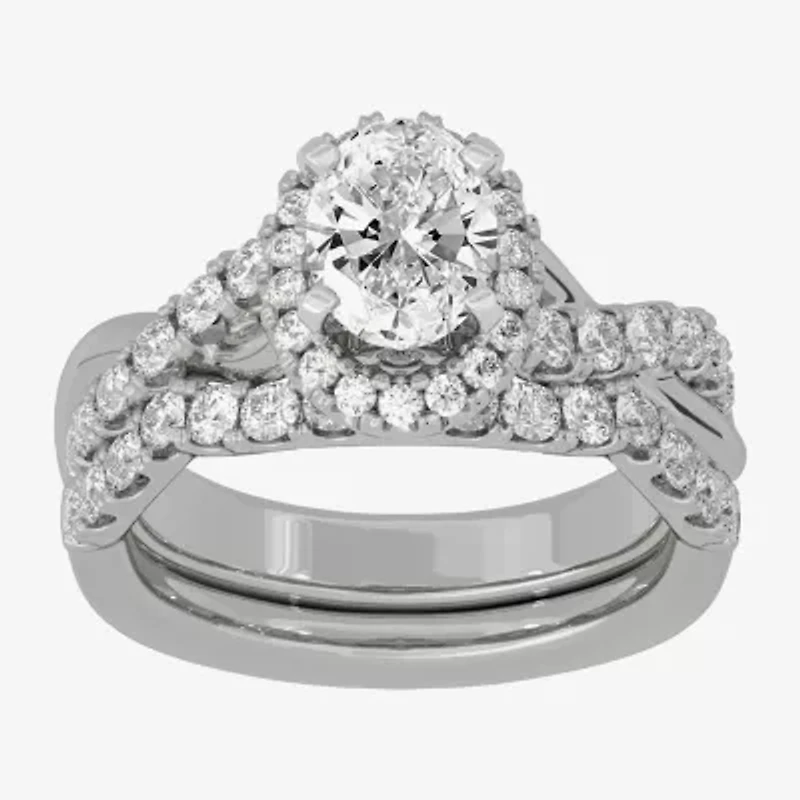 Signature By Modern Bride (H-I / Si1-Si2) Womens 2 CT. T.W. Lab Grown White Diamond 10K Gold Oval Side Stone Halo Bridal Set