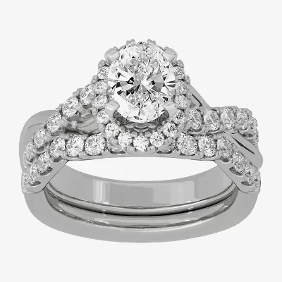 Signature By Modern Bride (H-I / Si1-Si2) Womens 2 CT. T.W. Lab Grown White Diamond 10K Gold Oval Side Stone Halo Bridal Set
