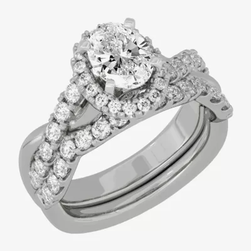 Signature By Modern Bride (H-I / Si1-Si2) Womens 2 CT. T.W. Lab Grown White Diamond 10K Gold Oval Side Stone Halo Bridal Set