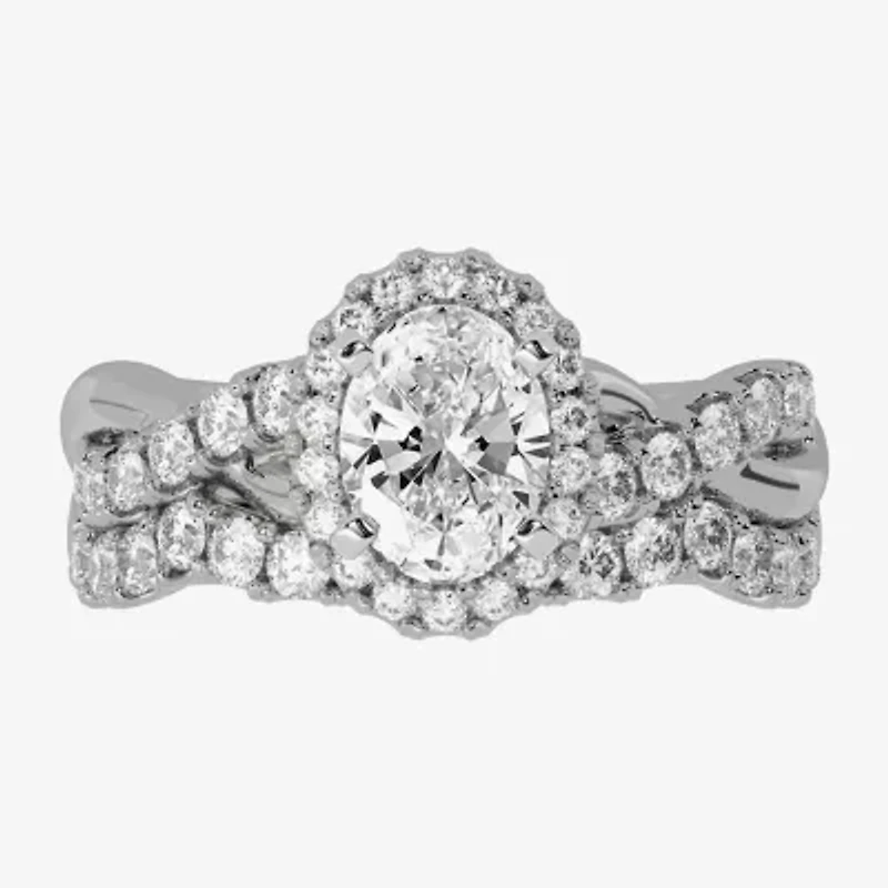 Signature By Modern Bride (H-I / Si1-Si2) Womens 2 CT. T.W. Lab Grown White Diamond 10K Gold Oval Side Stone Halo Bridal Set