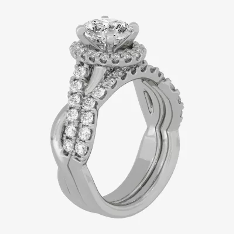 Signature By Modern Bride (H-I / Si1-Si2) Womens 2 CT. T.W. Lab Grown White Diamond 10K Gold Oval Side Stone Halo Bridal Set