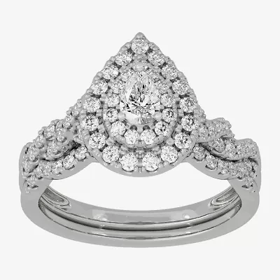 (H-I / Si1-Si2) Womens 3/4 CT. T.W. Lab Grown White Diamond 10K Gold Pear Side Stone Halo Bridal Set
