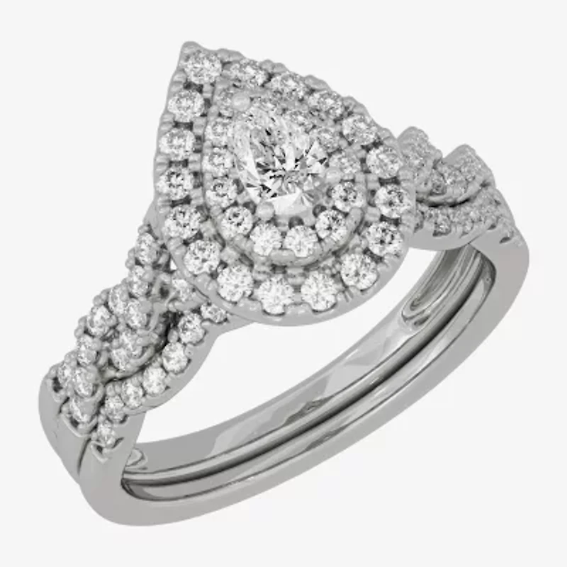 (H-I / Si1-Si2) Womens 3/4 CT. T.W. Lab Grown White Diamond 10K Gold Pear Side Stone Halo Bridal Set