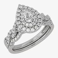 (H-I / Si1-Si2) Womens 3/4 CT. T.W. Lab Grown White Diamond 10K Gold Pear Side Stone Halo Bridal Set