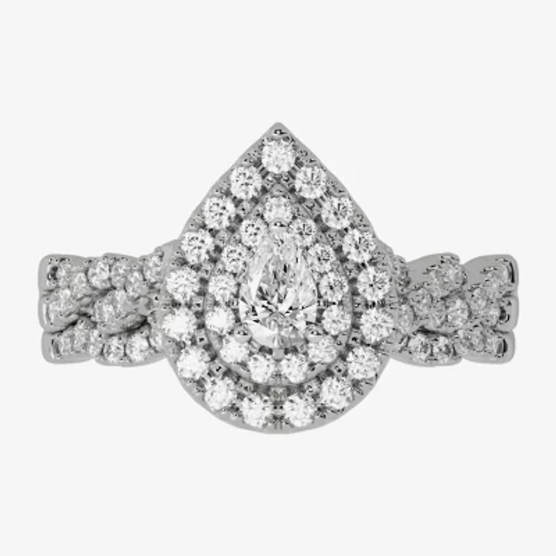 (H-I / Si1-Si2) Womens 3/4 CT. T.W. Lab Grown White Diamond 10K Gold Pear Side Stone Halo Bridal Set