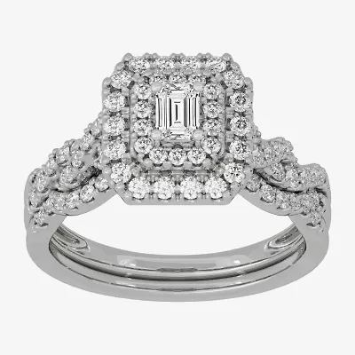 H-I / Si1-Si2) Womens / CT. T.W. Lab Grown White Diamond 10K Gold Cushion Side Stone Halo Bridal Set
