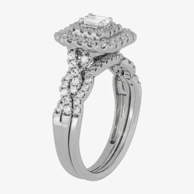 H-I / Si1-Si2) Womens / CT. T.W. Lab Grown White Diamond 10K Gold Cushion Side Stone Halo Bridal Set