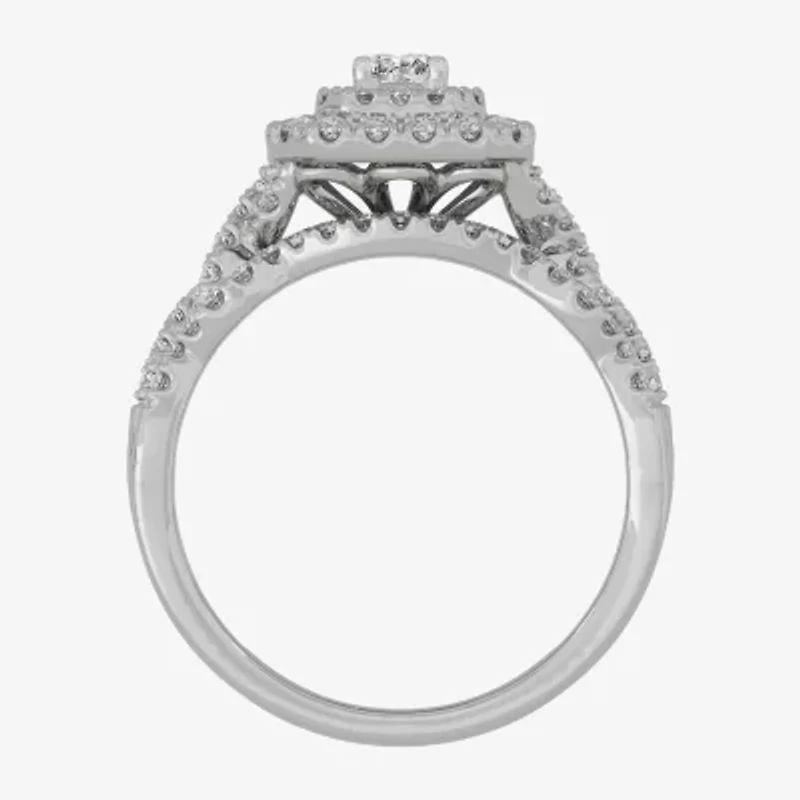 H-I / Si1-Si2) Womens / CT. T.W. Lab Grown White Diamond 10K Gold Cushion Side Stone Halo Bridal Set