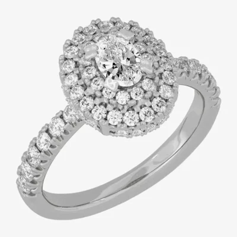 (H-I / Si1-Si2) Womens 1 1/4 CT. T.W. Lab Grown White Diamond 10K Gold Oval Side Stone Halo Engagement Ring
