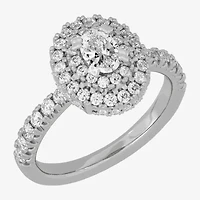 (H-I / Si1-Si2) Womens 1 1/4 CT. T.W. Lab Grown White Diamond 10K Gold Oval Side Stone Halo Engagement Ring