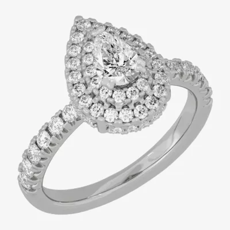 (H-I / Si1-Si2) Womens 1 1/4 CT. T.W. Lab Grown White Diamond 10K Gold Pear Side Stone Halo Engagement Ring