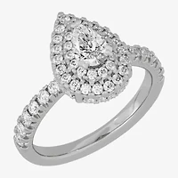 (H-I / Si1-Si2) Womens 1 1/4 CT. T.W. Lab Grown White Diamond 10K Gold Pear Side Stone Halo Engagement Ring