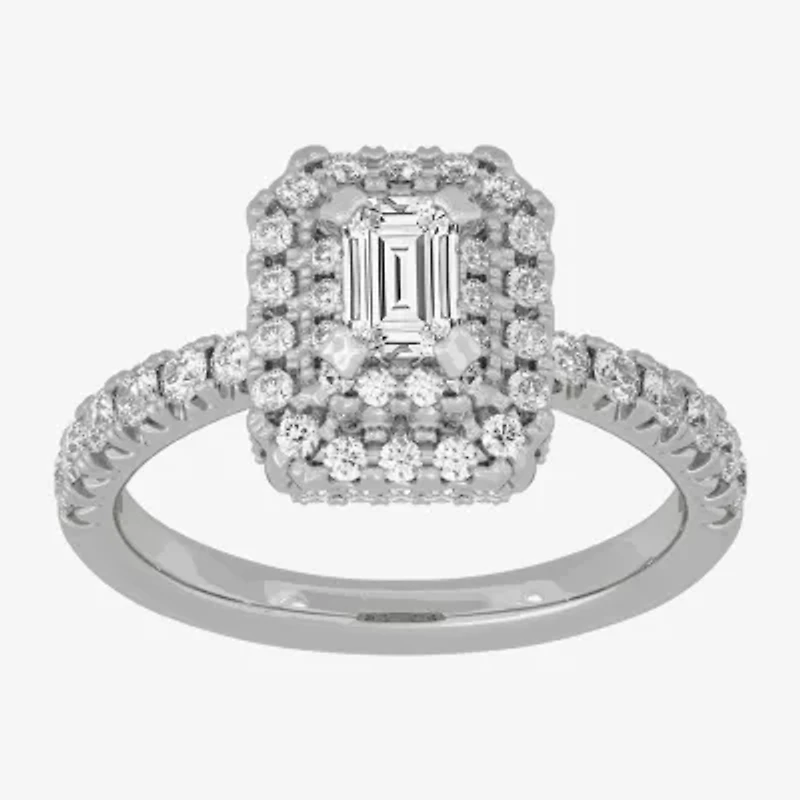 (H-I / Si1-Si2) Womens 1 1/4 CT. T.W. Lab Grown White Diamond 10K Gold Side Stone Halo Engagement Ring