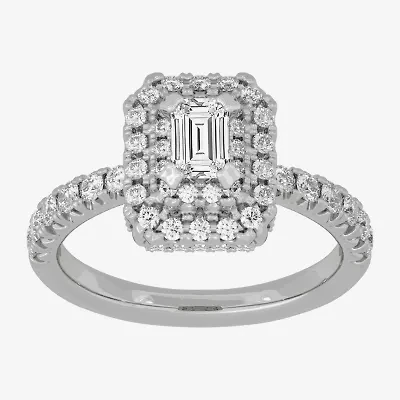 (H-I / Si1-Si2) Womens 1 1/4 CT. T.W. Lab Grown White Diamond 10K Gold Side Stone Halo Engagement Ring