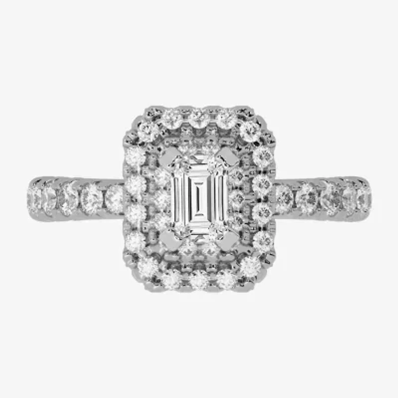 (H-I / Si1-Si2) Womens 1 1/4 CT. T.W. Lab Grown White Diamond 10K Gold Side Stone Halo Engagement Ring