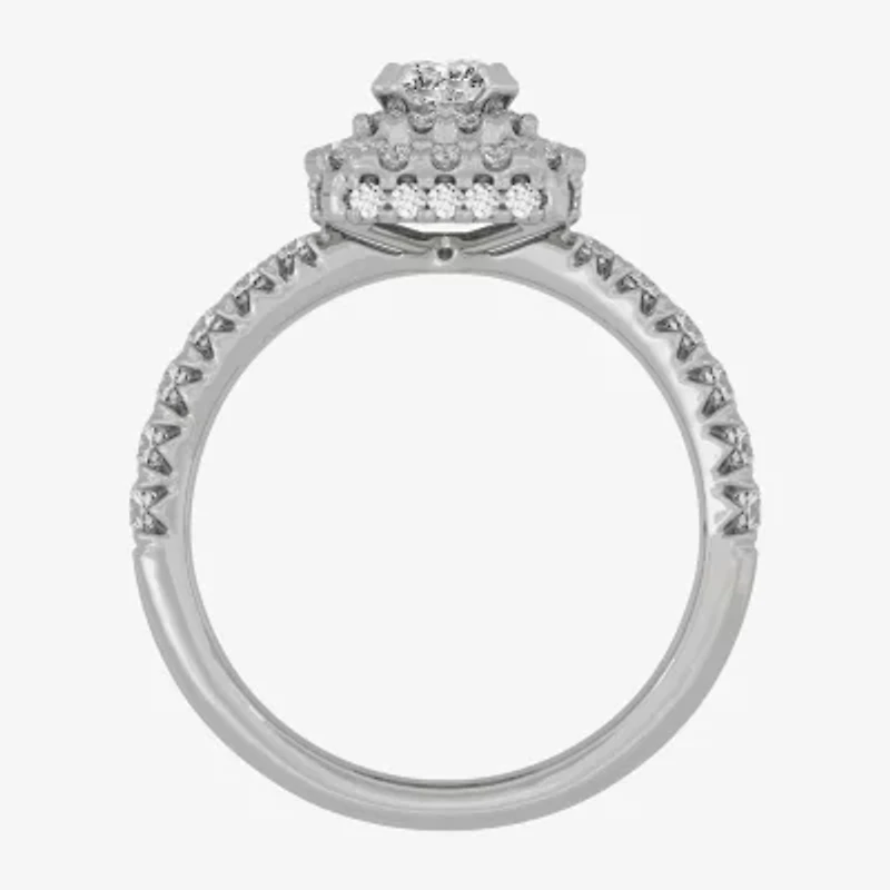 (H-I / Si1-Si2) Womens 1 1/4 CT. T.W. Lab Grown White Diamond 10K Gold Side Stone Halo Engagement Ring