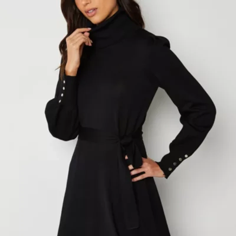 Maia Womens Long Sleeve Belted Midi Sweater Dress