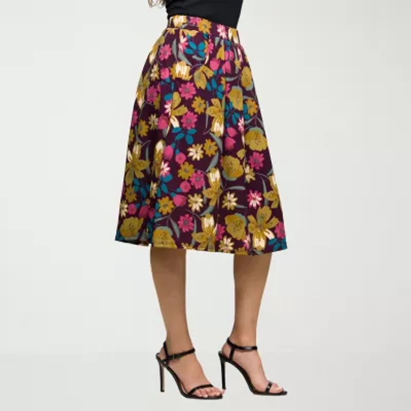 24seven Comfort Apparel Womens Stretch Fabric Mid Rise Midi Pleated Skirt