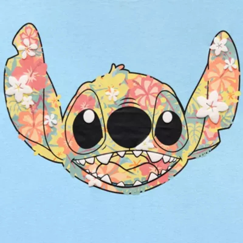Stitch Floral Boyfriend Tee Womens Juniors Crew Neck Short Sleeve Regular Fit Graphic T-Shirt